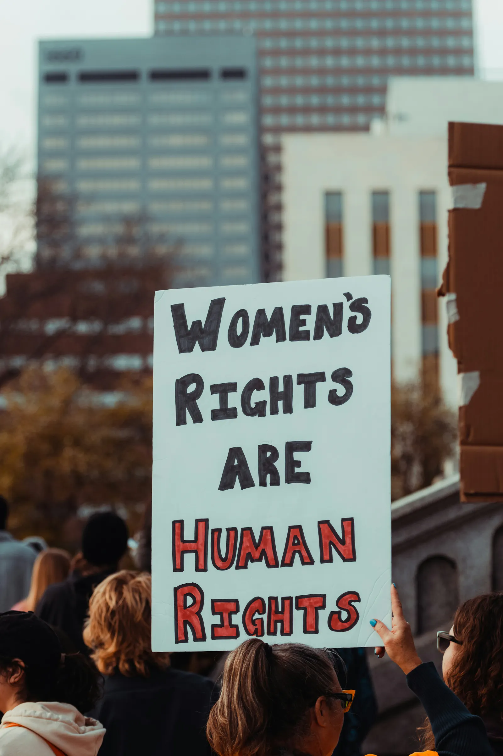 Ein Protestmarsch in einer Großstadt, eine Frau ist von hinten zu sehen. Sie trägt ein Schild, auf dem steht: „Women's Rights are Human Rights“.