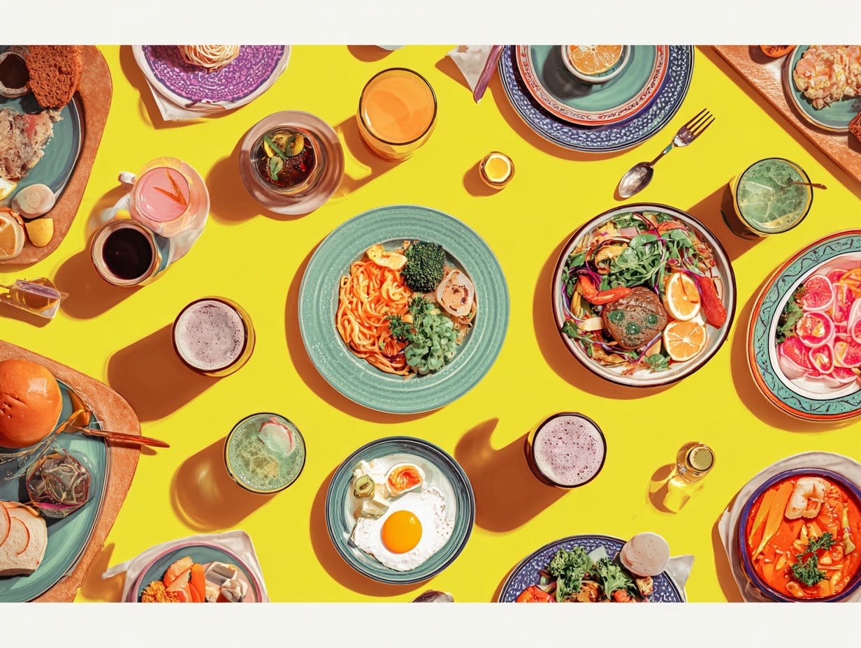 Ein  Restauranttisch von oben fotografiert, gedeckt mit verschiedenen farbenfrohen Gerichten auf einem leuchtend gelben Hintergrund.