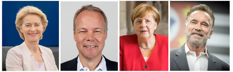 Fotos von Ursula von der Leyen (© European Union 2019 – Source: EP / CC BY-SA 4.0), Matthias Miersch (Wikipedia-Bundestagsprojekt 2014 / CC 4.0), Angela Merkel (© Raimond Spekking / CC BY-SA 4.0), Arnold Schwarzenegger © Governo do Estado de São Paulo /CC BY-SA 2.0)