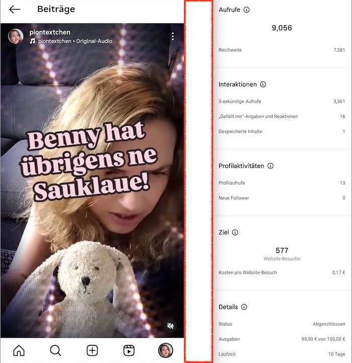 Ergebnis einer Anzeige auf Instagram, in der ein humorvolles Reel für die Piontextchen beworben wird.