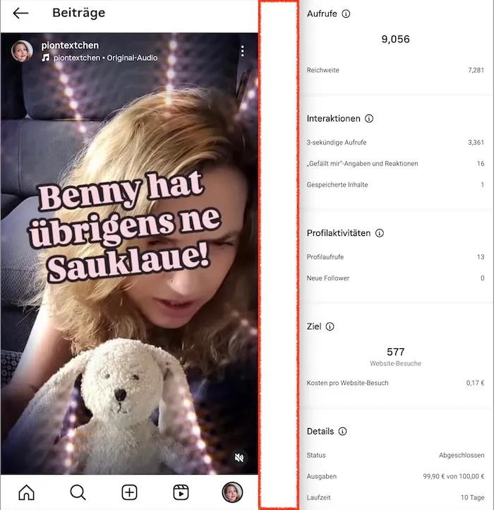 Ergebnis einer Anzeige auf Instagram, in der ein humorvolles Reel für die Piontextchen beworben wird.