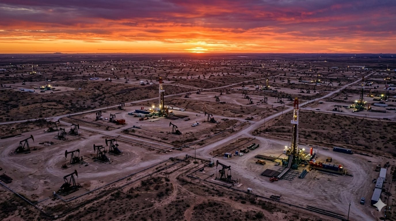 A dramatic aerial view of an oil drilling site in the Permian Basin - Kimbell Royalty Partners