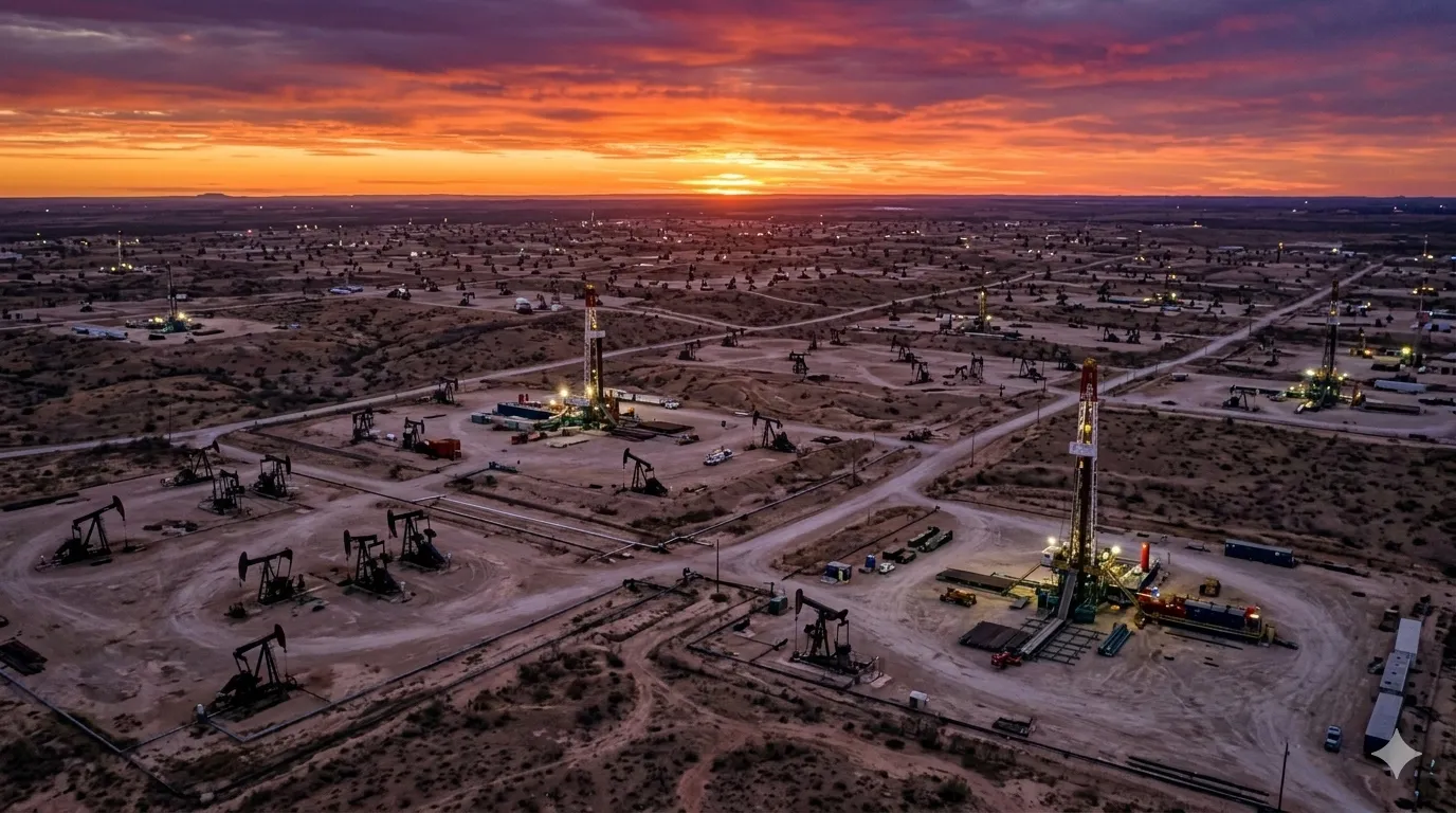 A dramatic aerial view of an oil drilling site in the Permian Basin - Kimbell Royalty Partners