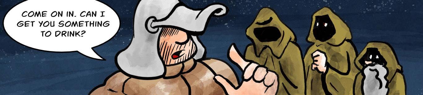 Panel 3.
Owen beckons the inquisitors.
Owen: Come on in. Can I get you something to drink?
