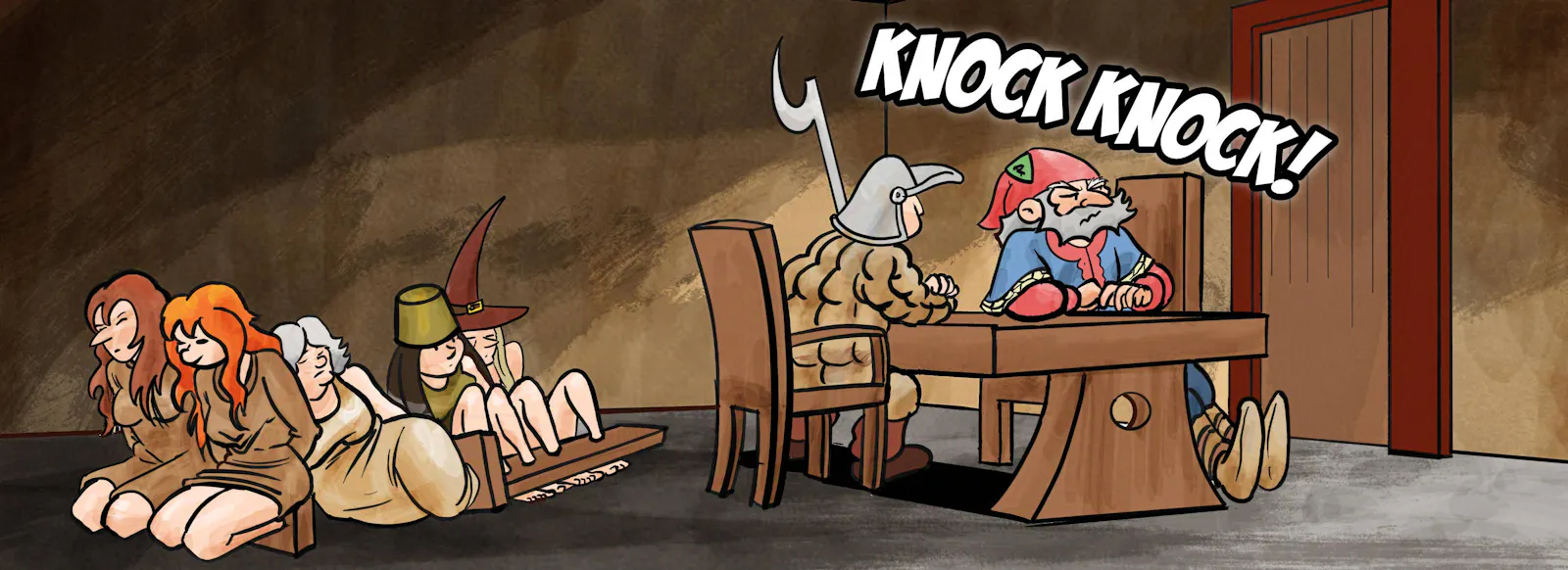 Panel 1.
While the Woman from the Woods, Kel, Atra, Shireen and Marion sit in the stocks, Sheriff Hogsworth and Lance-Constable Owen sit at the Sheriff's desk.
SFX: KNOCK KNOCK!