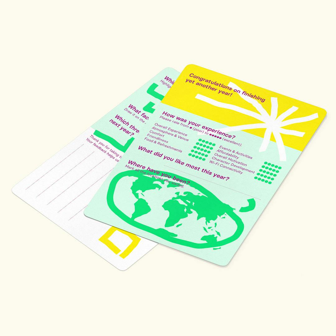 Two colorful feedback cards with questions about experience and preferences, one showing a world map illustration