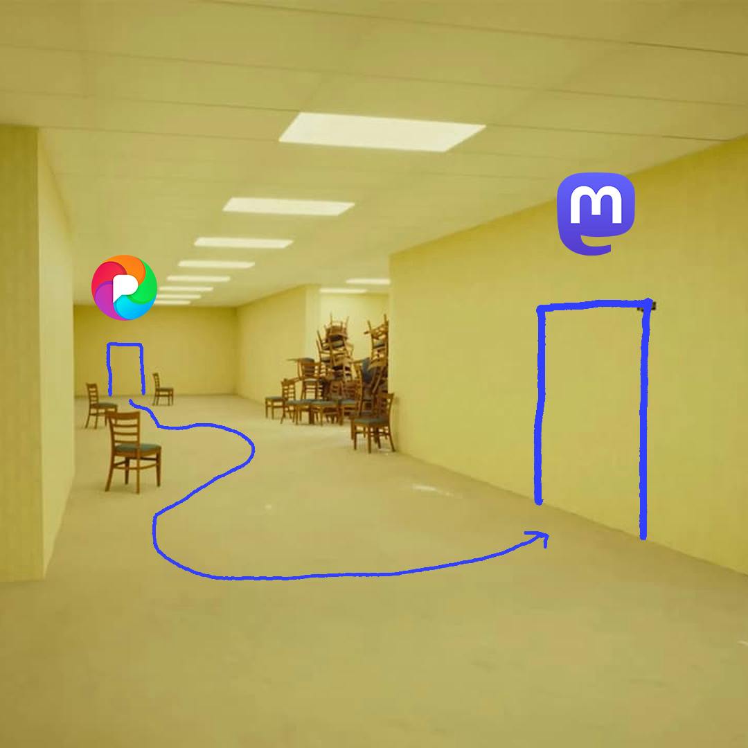 Empty beige room with stacked wooden chairs in the back and two doorways marked with blue lines, one on the left with a Pixelfed logo above it and one on the right with a Mastodon logo above it