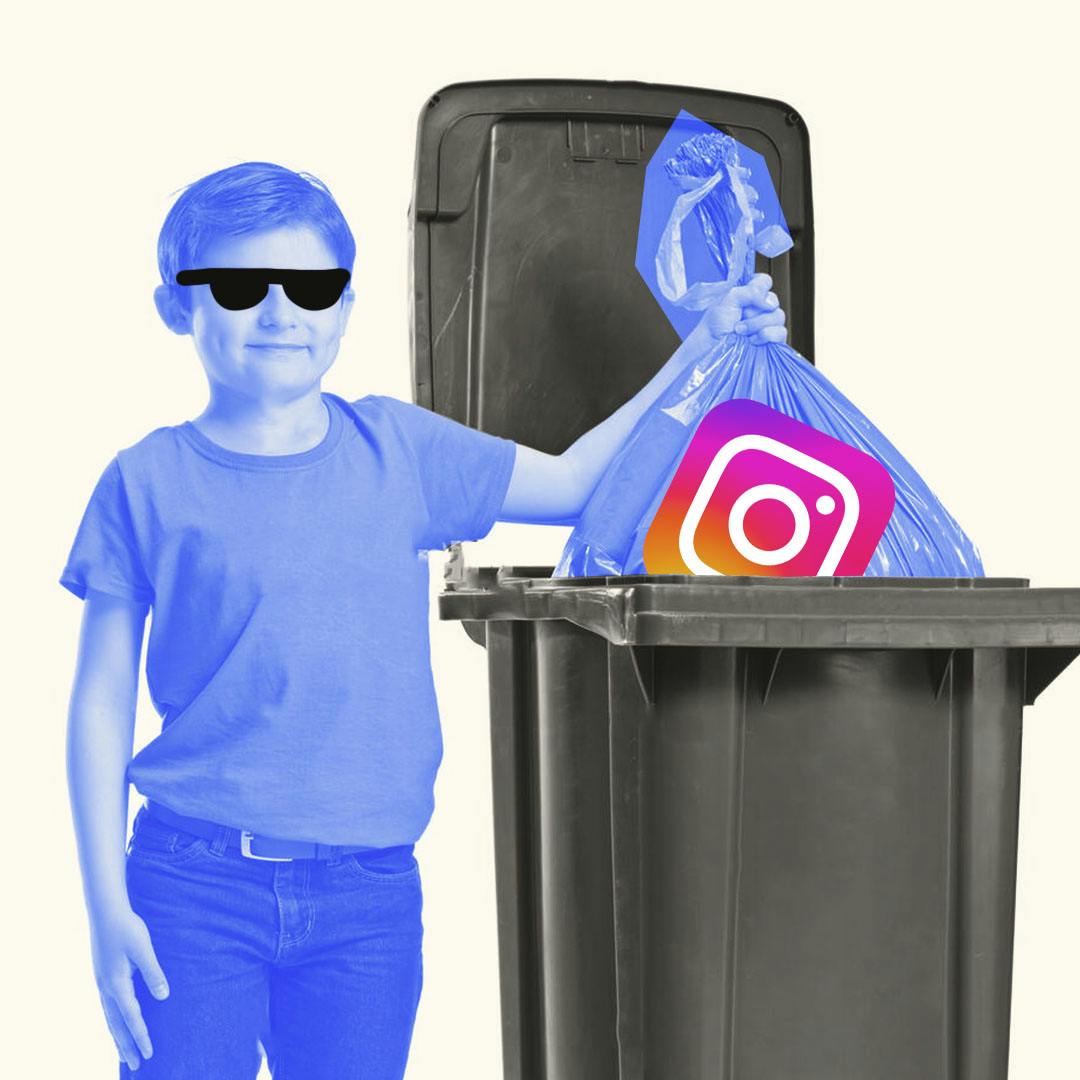Boy wearing sunglasses throwing a bag with an Instagram logo into a trash bin