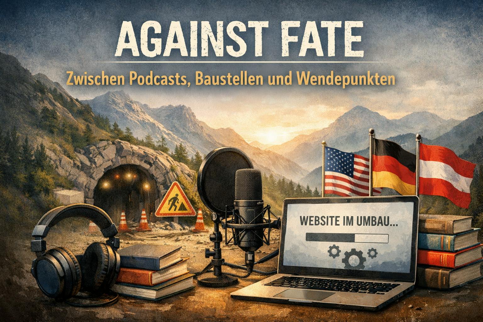 Illustration im Querformat: Ein Podcast-Mikrofon mit Kopfhörern steht vor einem Laptop mit der Anzeige „Website im Umbau“. Im Hintergrund ein Tunnel in einer bergigen Landschaft, Baustellenmarkierungen und Warnkegel. Daneben Bücherstapel und Flaggen der USA, Deutschlands und Österreichs. Stimmung: konzentriert, nachdenklich, zwischen Arbeit, Umbruch und Neuanfang.