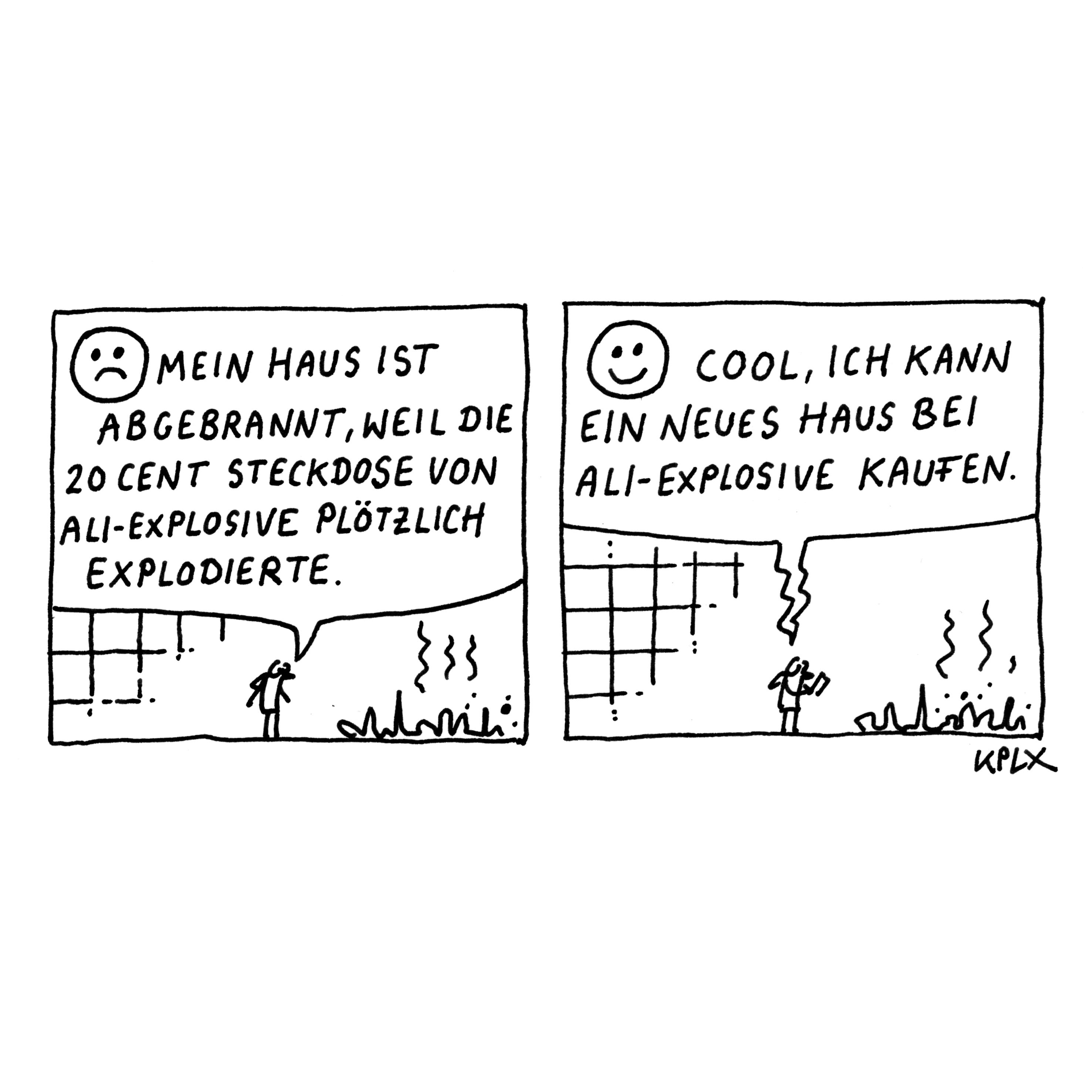 Comic:

Tuschezeichnung.

Zweipanel-Comic:

Erstes Panel: Eine traurige Fliege sagt: ‘Mein Haus ist abgebrannt, weil die 20-Cent-Steckdose von Ali-Explosive plötzlich explodierte.’

Zweites Panel: Dieselbe Fliege, nun lächelnd, sagt: ‘Cool, ich kann ein neues Haus bei Ali-Explosive kaufen.