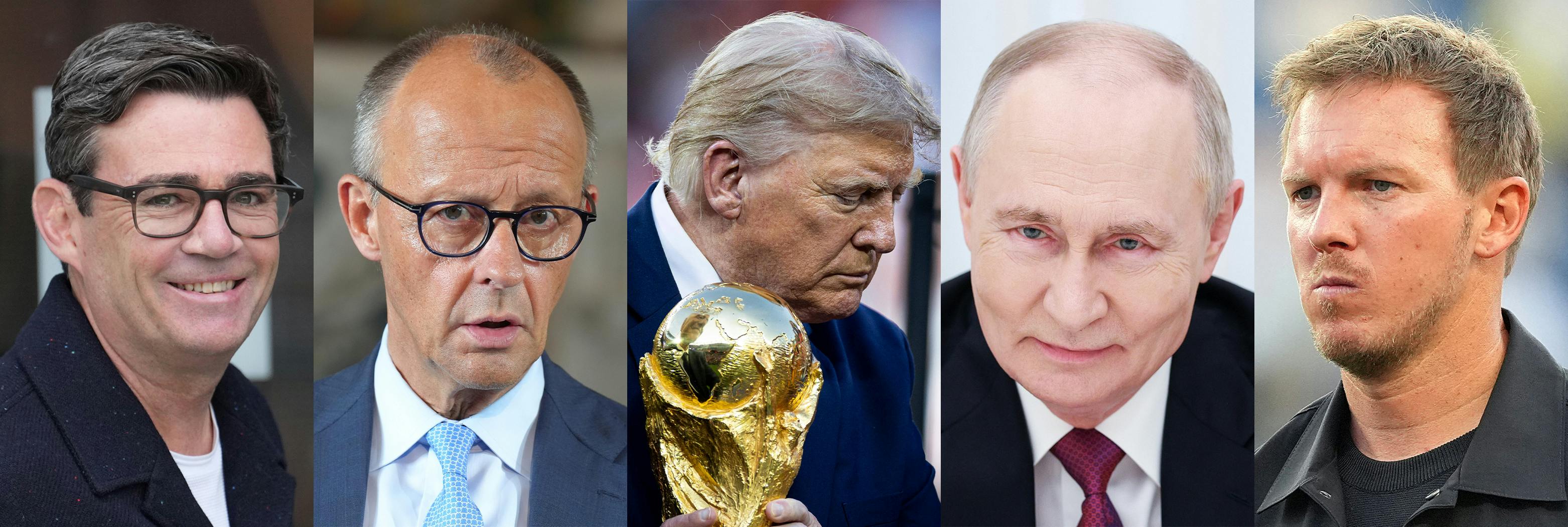 Porträts von Tony Burham, Friedrich Merz, Donald Trump der den WM-Pokal in der Hand  hält, Wladimir Putin und Julian Nagelsmann
