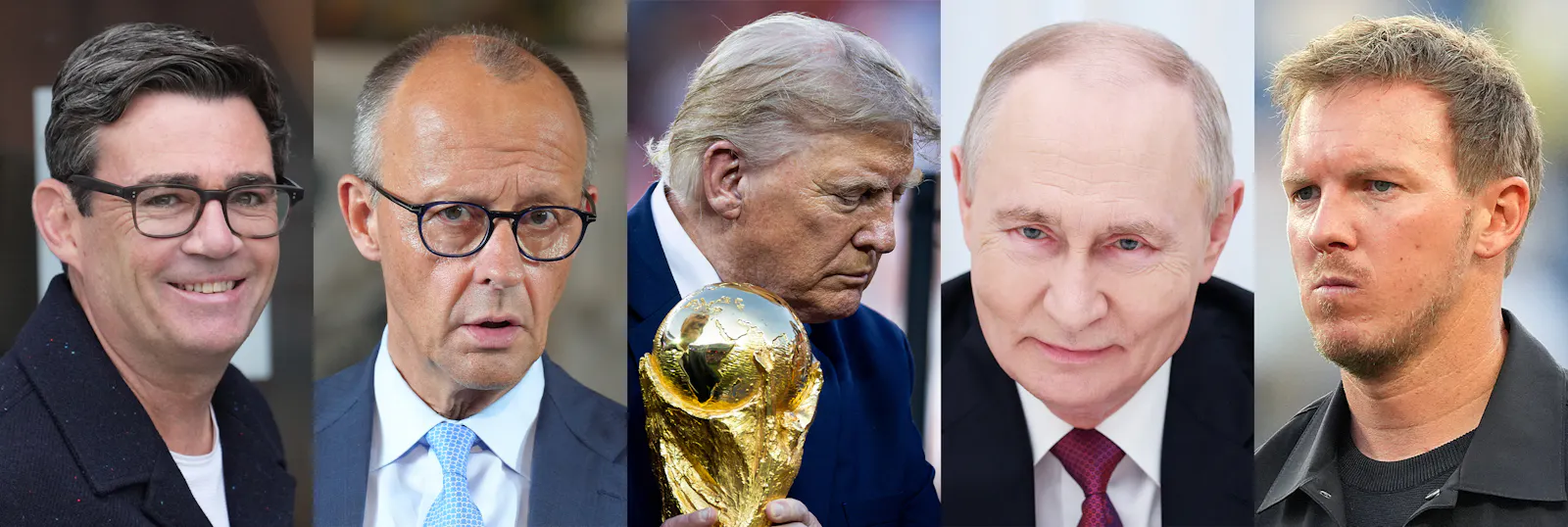 Porträts von Tony Burham, Friedrich Merz, Donald Trump der den WM-Pokal in der Hand hält, Wladimir Putin und Julian Nagelsmann
