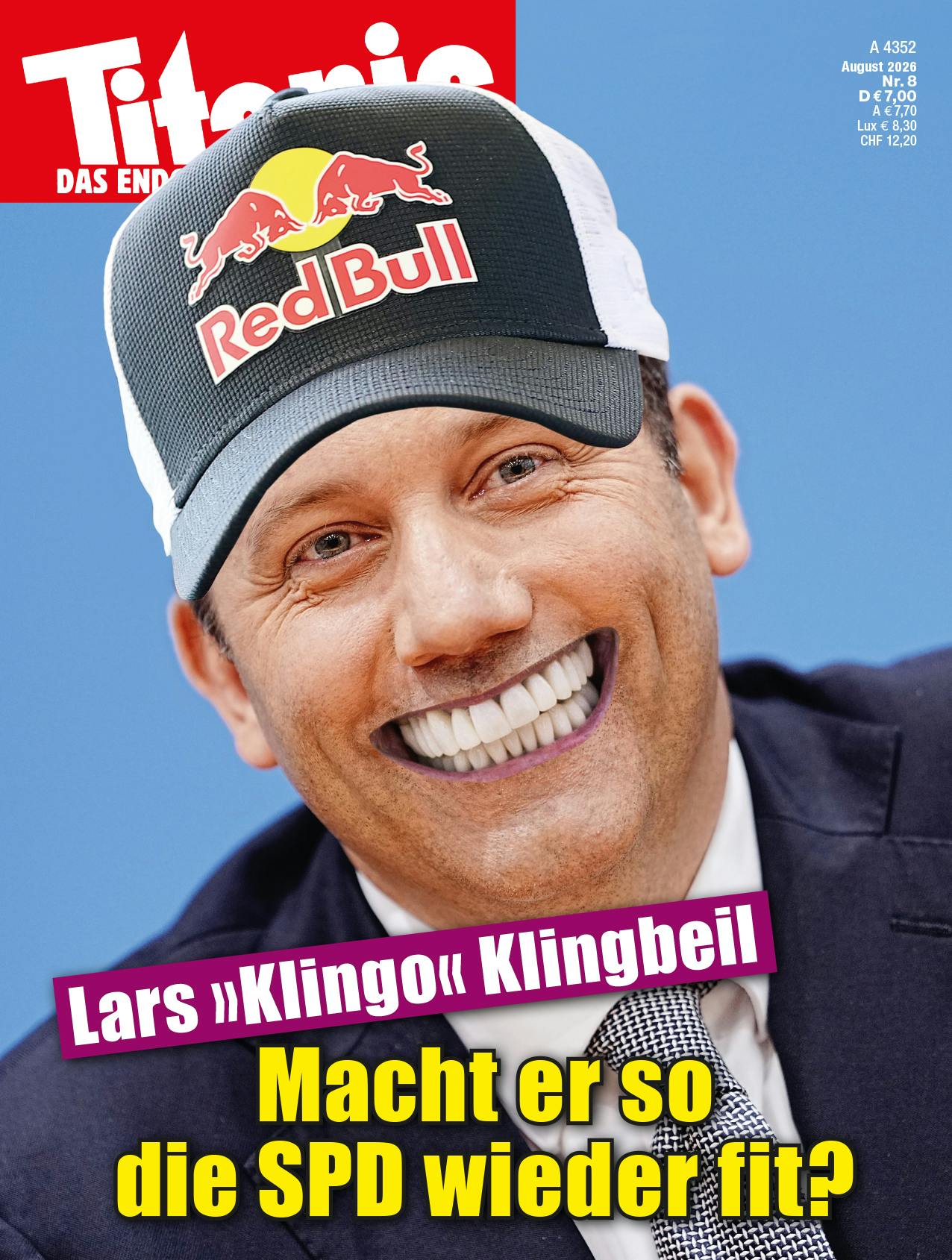 Titel der Augustausgabe: Fotomontage von Lars Klingbeil mit dem Mund und den Zähnen von Jürgen Klopp und einer Red-Bull-Kappe. Dazu der Text: "Lars 'Klingo' Klingbeil: Macht er so die SPD wieder fit?"