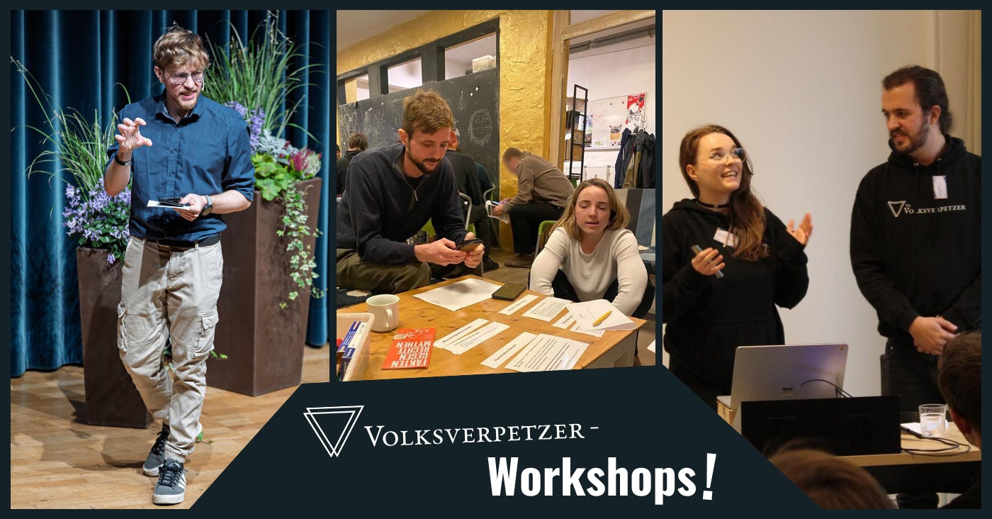 Drei Bilder nebeneinander: 
Links: Thomas Laschyk spricht auf einer Bühne.
Mittig: Philip Kreißel und Sophie Scheingraber bei Gruppenarbeit an einem Tisch.
Rechts: Saskia Pfalz und Frederik Mallon halten einen Vortrag.