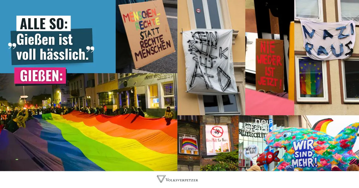 Text auf farbigen Balken: "Alle so: Gießen ist voll hässlich. Gießen:" Collage vieler Bilder. Unter anderem: Eine riesige Regenbogenflagge wird von Menschen durch die Straße getragen. Banner wie "Nazis raus" hängen aus Fenstern. Demoschilder wie "Nie wieder ist jetzt".