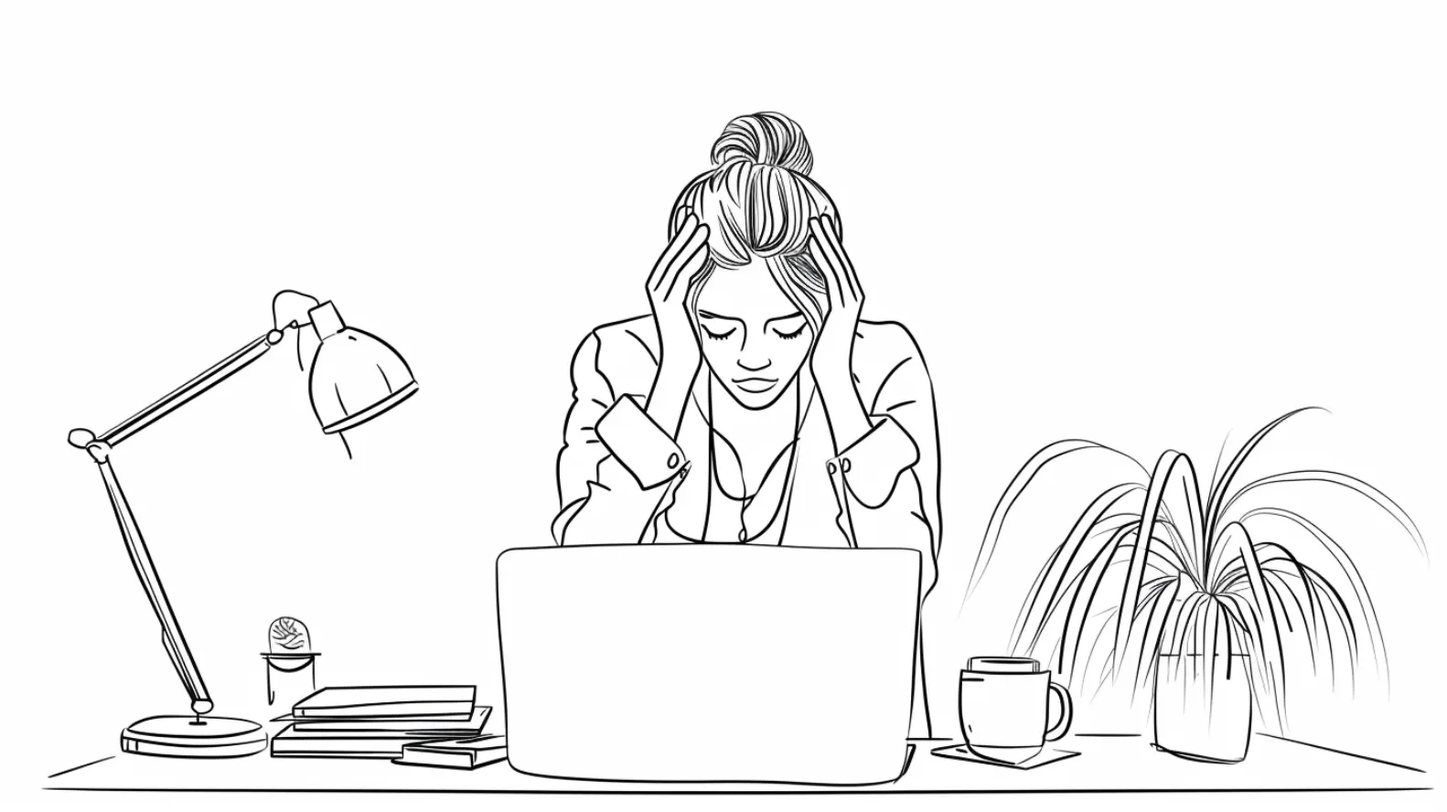 Frau am Laptop, schwarz weiß Zeichnung, Frau hält Kopf in den Händen.