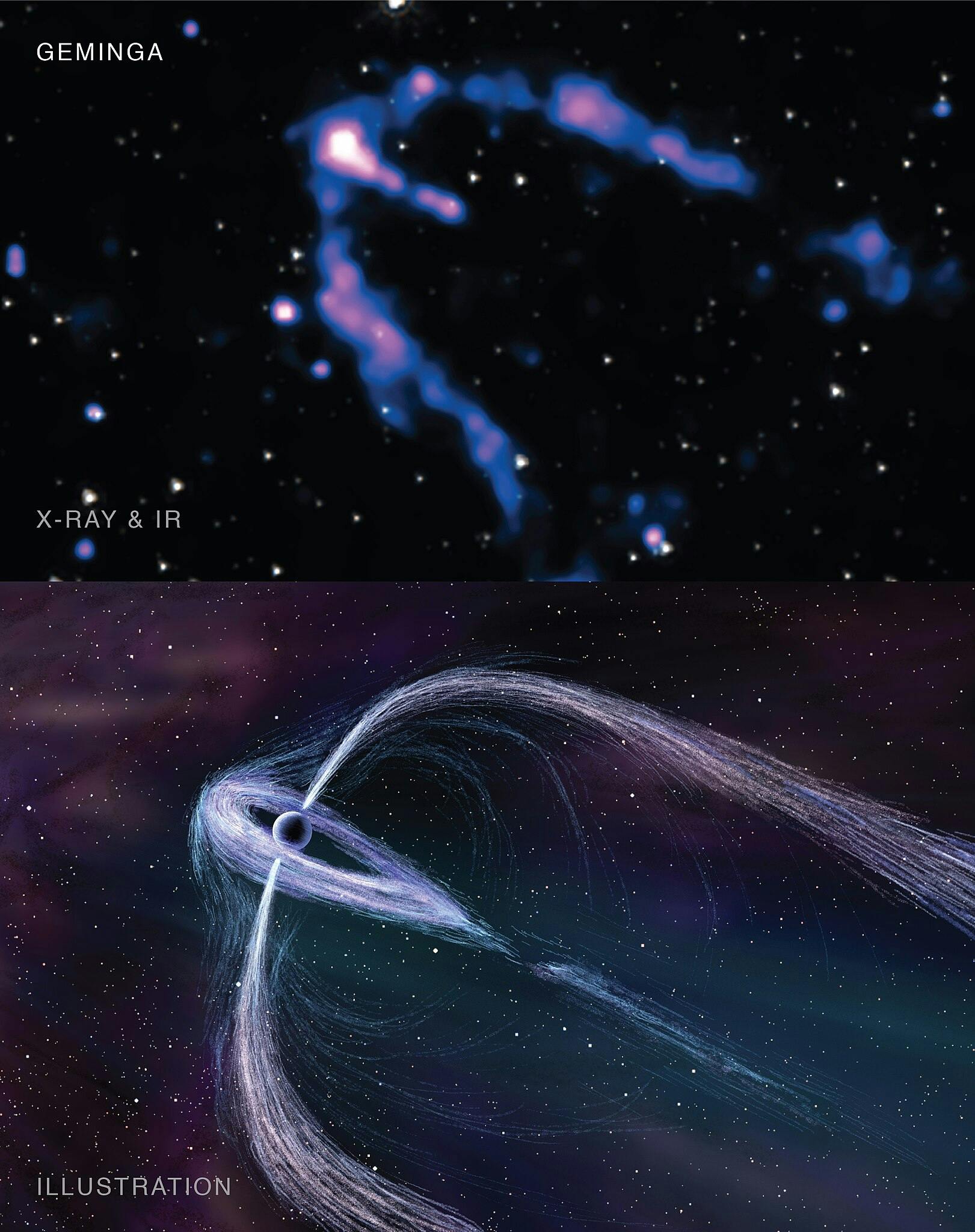Geminga im Röntgen und IR-Licht (oben) und als künstlerische Darstellung (unten). (Bild: NASA)