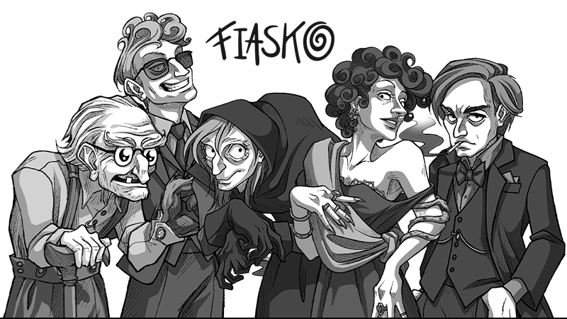 Eine schwarz-weiße Collage der neuen Fiasko!-Charaktere. Von links nach rechts sind zu sehen: ein alter Mann, ein frech grinsender Herr mit Sonnenbrille, eine bucklige Gestalt, eine elegante Dame mit Locken und ein Mann mit strengem Blick und Zigarette im Mund.
