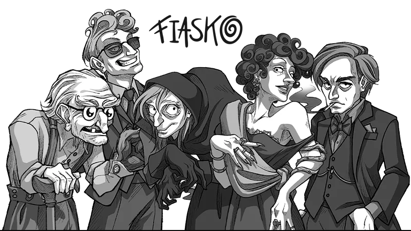 Eine schwarz-weiße Collage der neuen Fiasko!-Charaktere. Von links nach rechts sind zu sehen: ein alter Mann, ein frech grinsender Herr mit Sonnenbrille, eine bucklige Gestalt, eine elegante Dame mit Locken und ein Mann mit strengem Blick und Zigarette im Mund.