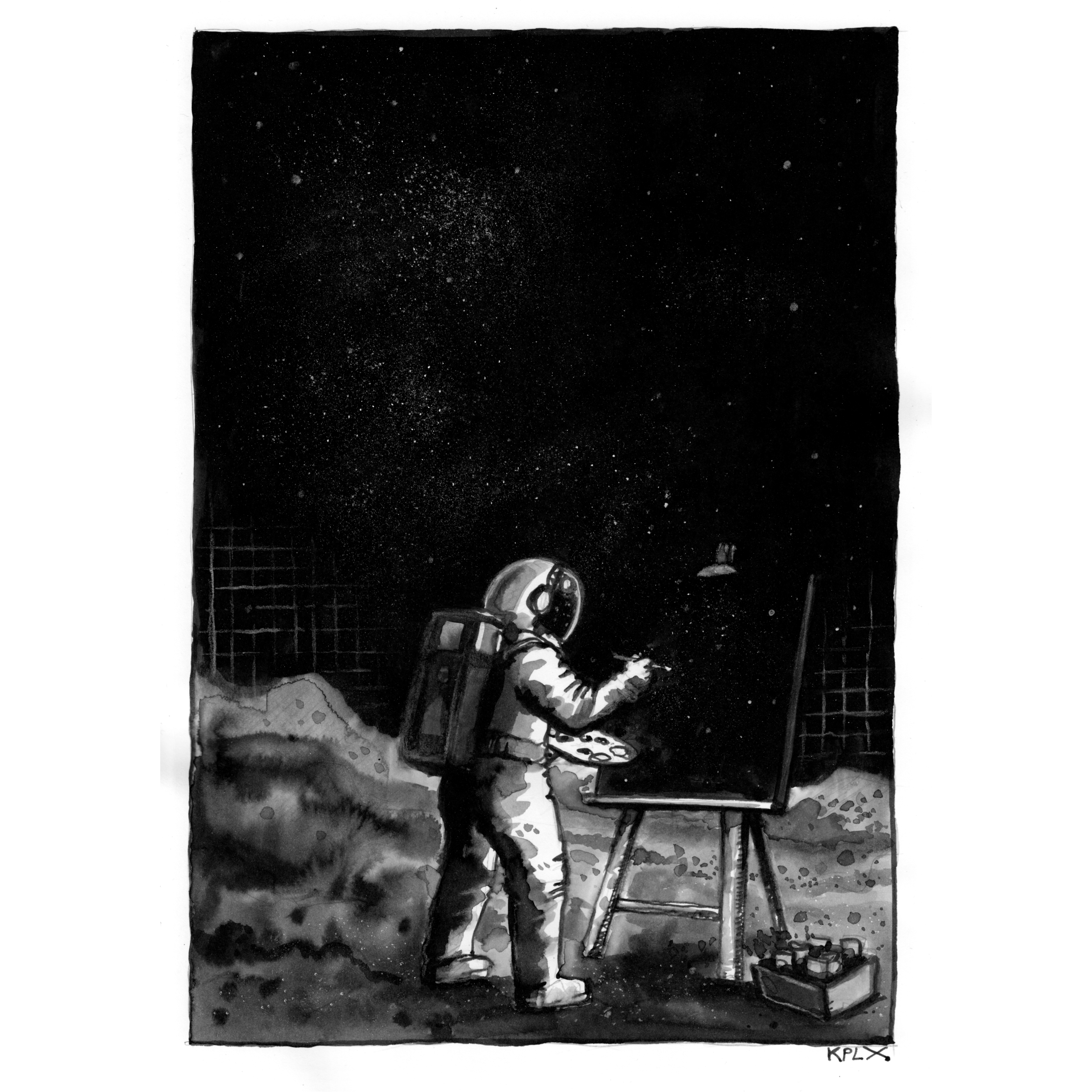 ALT-Text (DE):
Tuschezeichnung auf A4-Papier: Ein Astronaut steht im leeren Weltraum vor einer Staffelei und malt das Universum. Die schwarze Umgebung geht augenscheinlich direkt in die Leinwand über, sodass Raum und Bildfläche miteinander verschmelzen.

ALT-Text (EN):
Ink drawing on A4 paper: An astronaut stands in empty space in front of an easel, painting the universe. The surrounding blackness appears to flow directly onto the canvas, visually merging space and the painted surface.