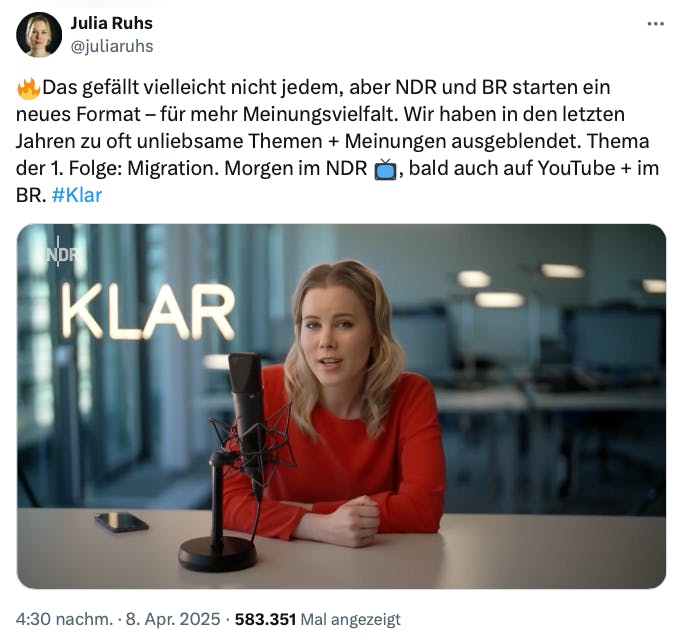 Julia Ruhs bei X: "Das gefällt vielleicht nicht jedem, aber NDR und BR starten ein neues Format – für mehr Meinungsvielfalt. Wir haben in den letzten Jahren zu oft unliebsame Themen ausgeblendet."