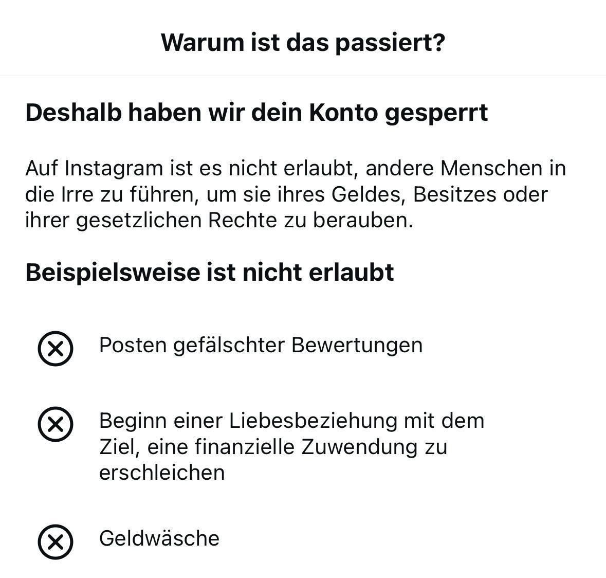 Screenshot der Meldung, dass ich entweder gefälschte Bewertungen gepostet, eine Liebesbeziehung für Geldbetrug oder Geldwäsche gemacht habe.