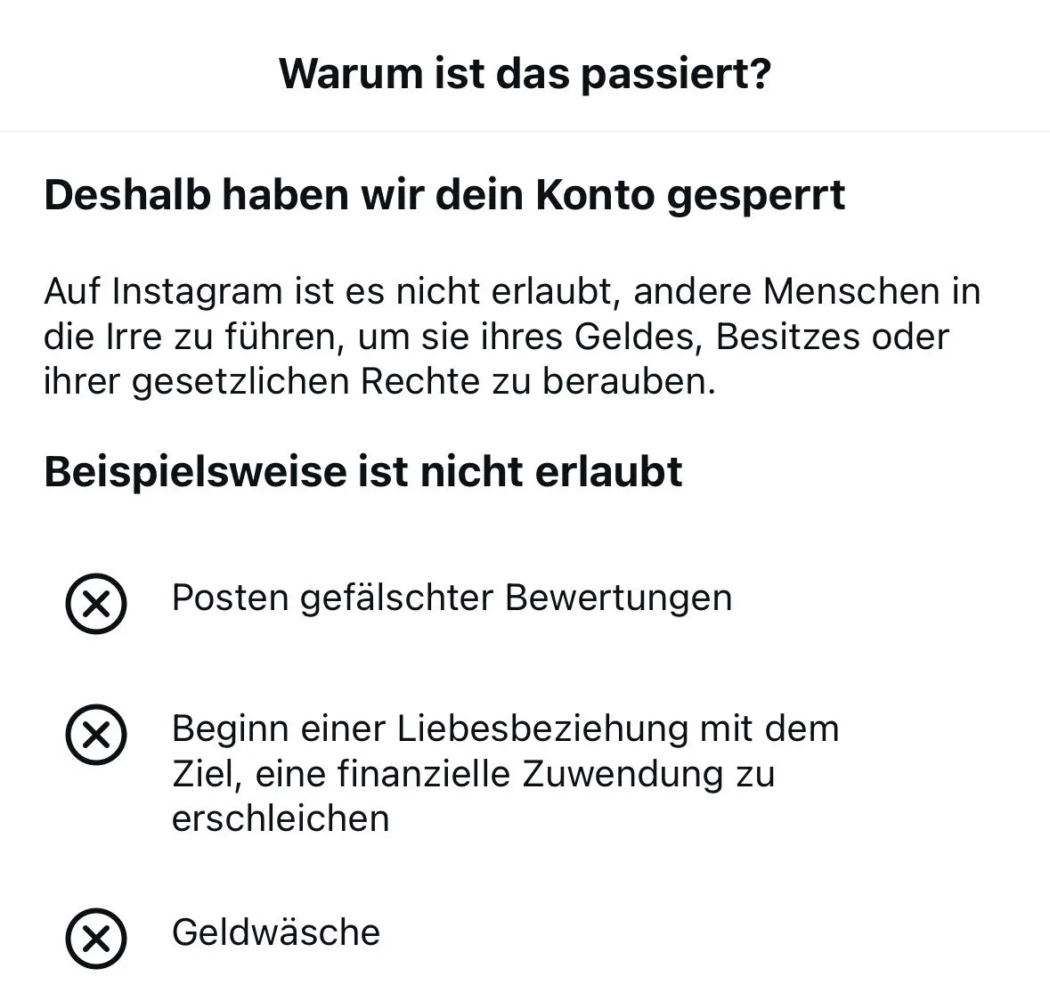 Screenshot der Meldung, dass ich entweder gefälschte Bewertungen gepostet, eine Liebesbeziehung für Geldbetrug oder Geldwäsche gemacht habe.