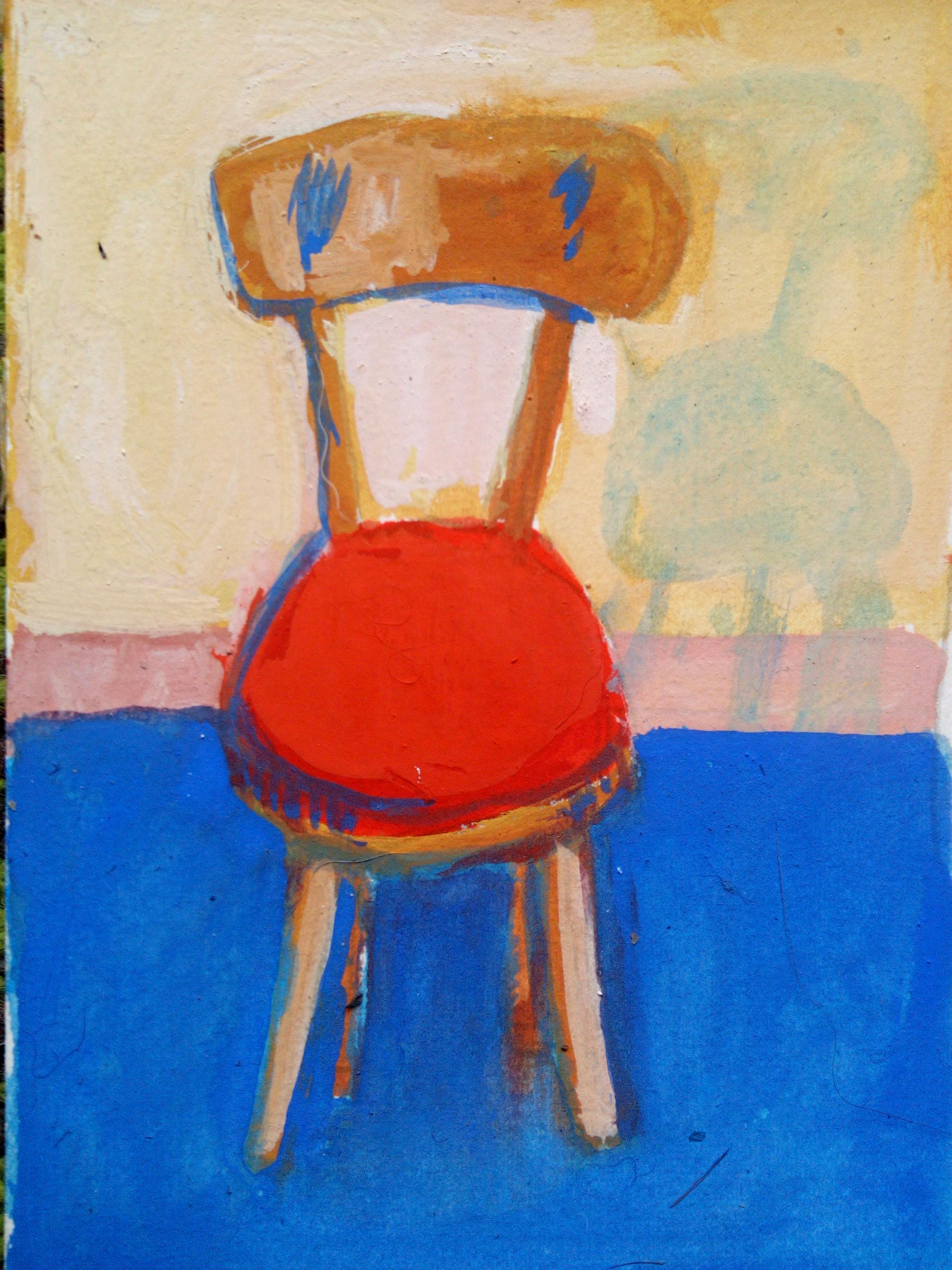 A gouache painting of a wooden chair with a red plastic seat. The background is divided into pale yellow upper portion and bright blue for the lower portion.