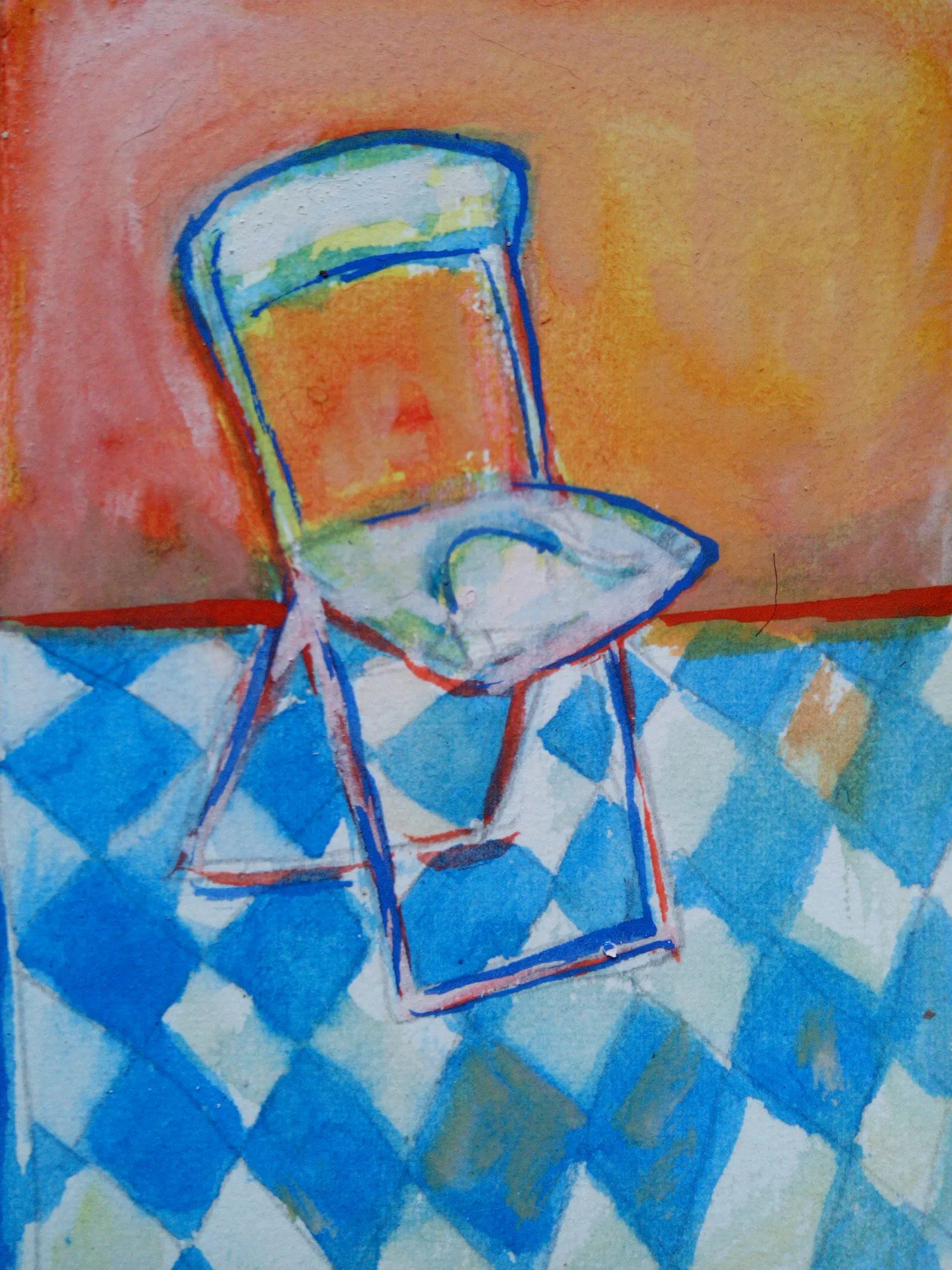 A goache painting of a plastic chair turned slightly sideways. It is resting on a blue and white floor painted in diamond shapes. The wall behind is a mix of orange, yellow and pinkish red.