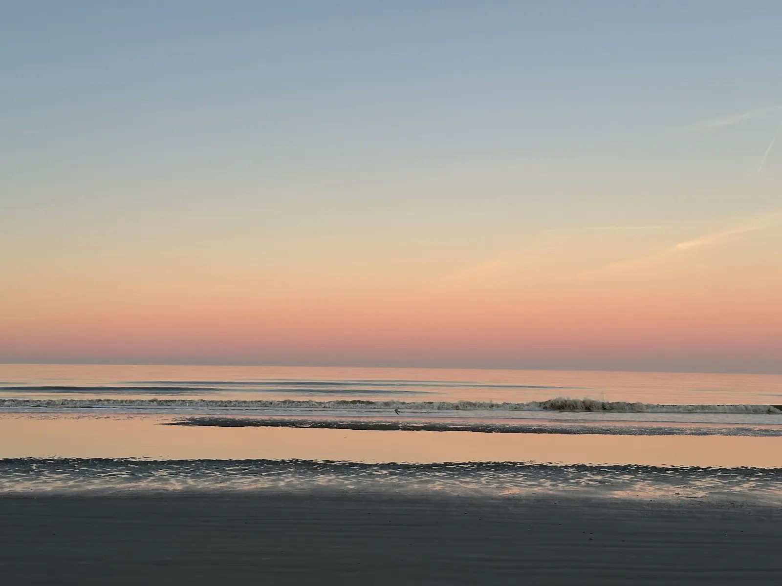 Meersaum bei Sonnenaufgang: Zartrosé- und hellblau-farbener Himmel, der sich im Meer spiegelt.