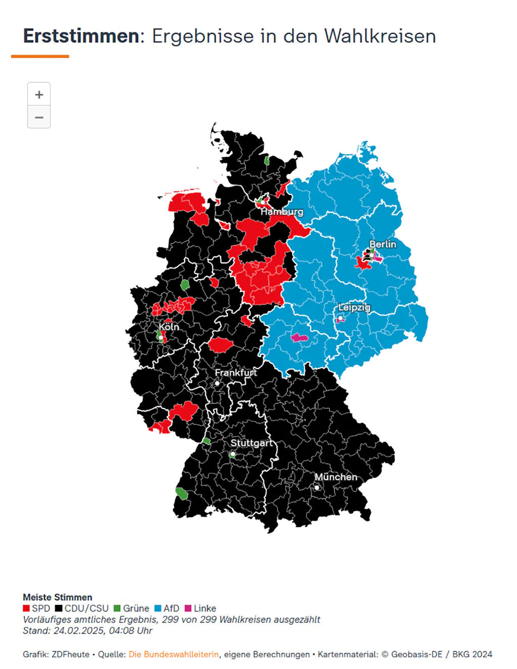 Deutschlandkarte mit den jeweils meisten Stimmen der Wahlkreise. ZDF heute