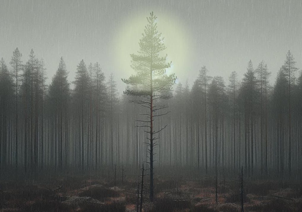 Kiefernwald ohne Unterholz bei Regenwetter mit einer einsam stehenden Kiefer im Vordergrund im gelben Schein. 
Bild: KI, Bearbeitung: Maxi Platz