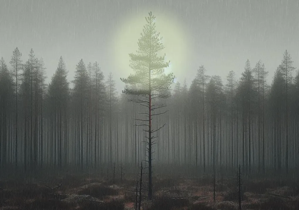 Kiefernwald ohne Unterholz bei Regenwetter mit einer einsam stehenden Kiefer im Vordergrund im gelben Schein.
Bild: KI, Bearbeitung: Maxi Platz