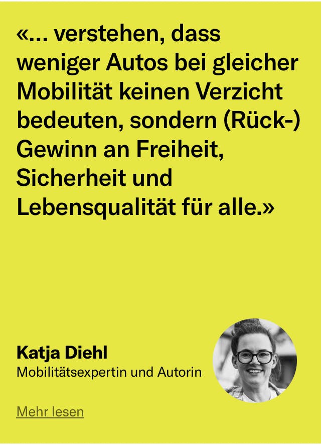 «… verstehen, dass weniger Autos bei gleicher Mobilität keinen Verzicht bedeuten, sondern (Rück-) Gewinn an Freiheit, Sicherheit und Lebensqualität für alle.»

Sharepic in grün mit einem Porträtfoto von mir