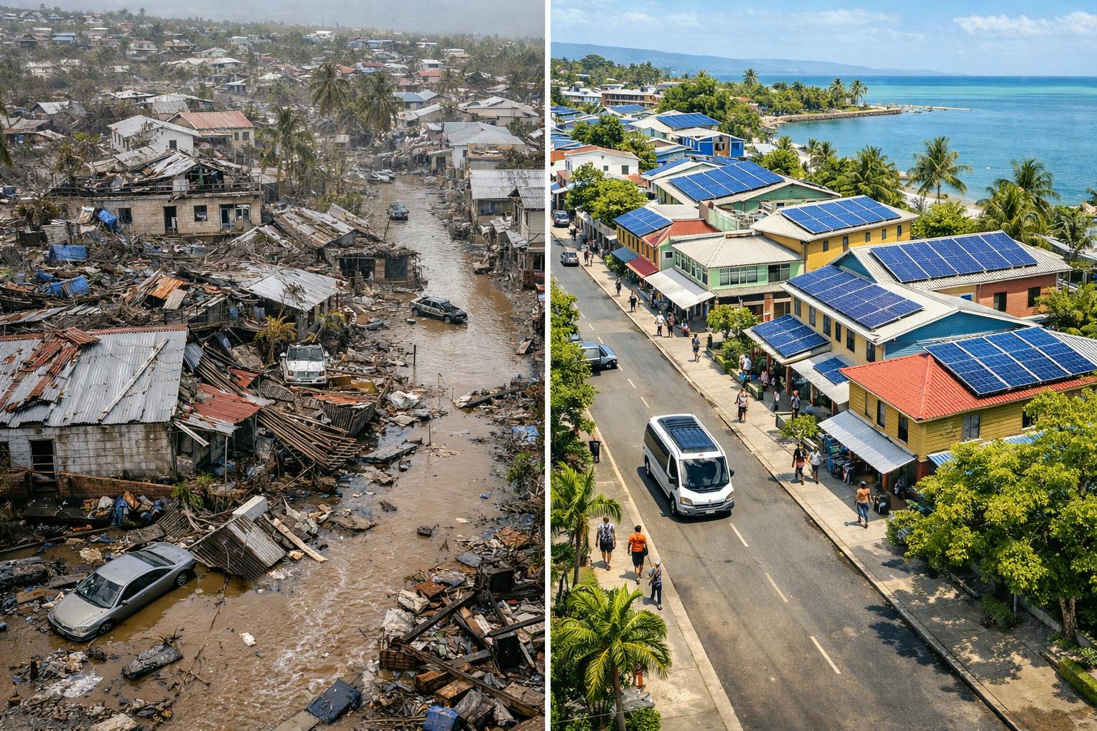 Black River: Zerstörung durch Melissa (links) und Vision für den Neuaufbau (rechts, KI-generiert).