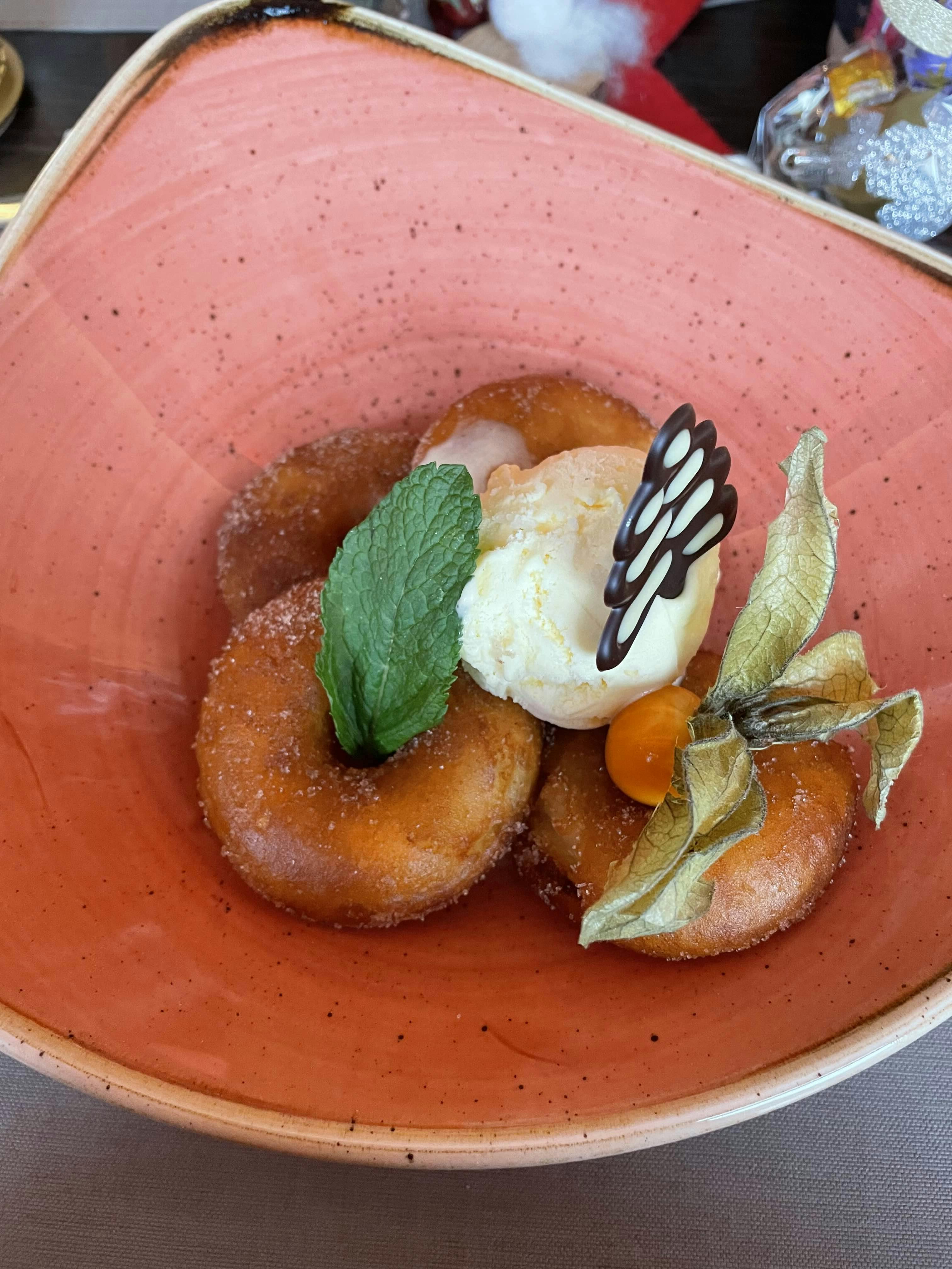 Dessert auf einem rosafarbenen Teller: drei goldbraun gebackene Apfelringe, mit Zucker bestreut, dazu eine Kugel Vanilleeis, dekoriert mit Minzblatt, Schokoladendekor und Physalis.