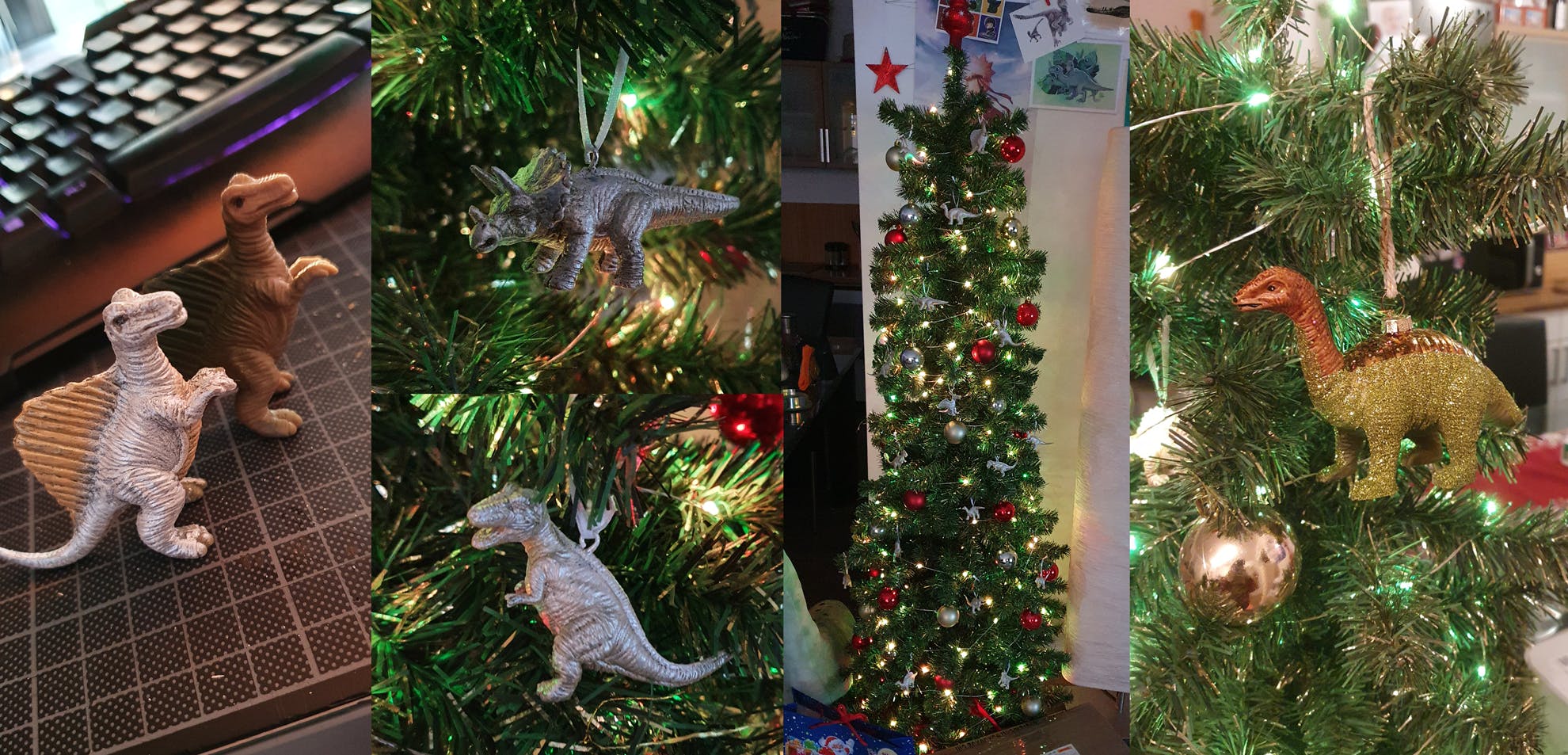 Bildcollage aus 5 Bildern - Bild 1: Links zwei kleine Figuren eines Spinosaurus, gezeigt bevor (in braun) und nach der Bemalung (silber/gold). Bild 2: Eine silberne Triceratops Figur im Baum hängend. Bild 3: Eine silberne T-Rex Figur im Baum hängend. Bild 4: Stephies sehr schmaler Kunst-Weihnachtsbaum mit goldenen und roten Baumkugeln, einer Lichterkette und silbernen Dinoanhängern im Baum. Bild 5: Weihnachtsschmuck aus Glas eines Langhalssauriers, oben in Kupferfarbend und unten mit grünem Glitzer, die Stephie von Franzi letztes Jahr zu Weihnachten bekommen hat.