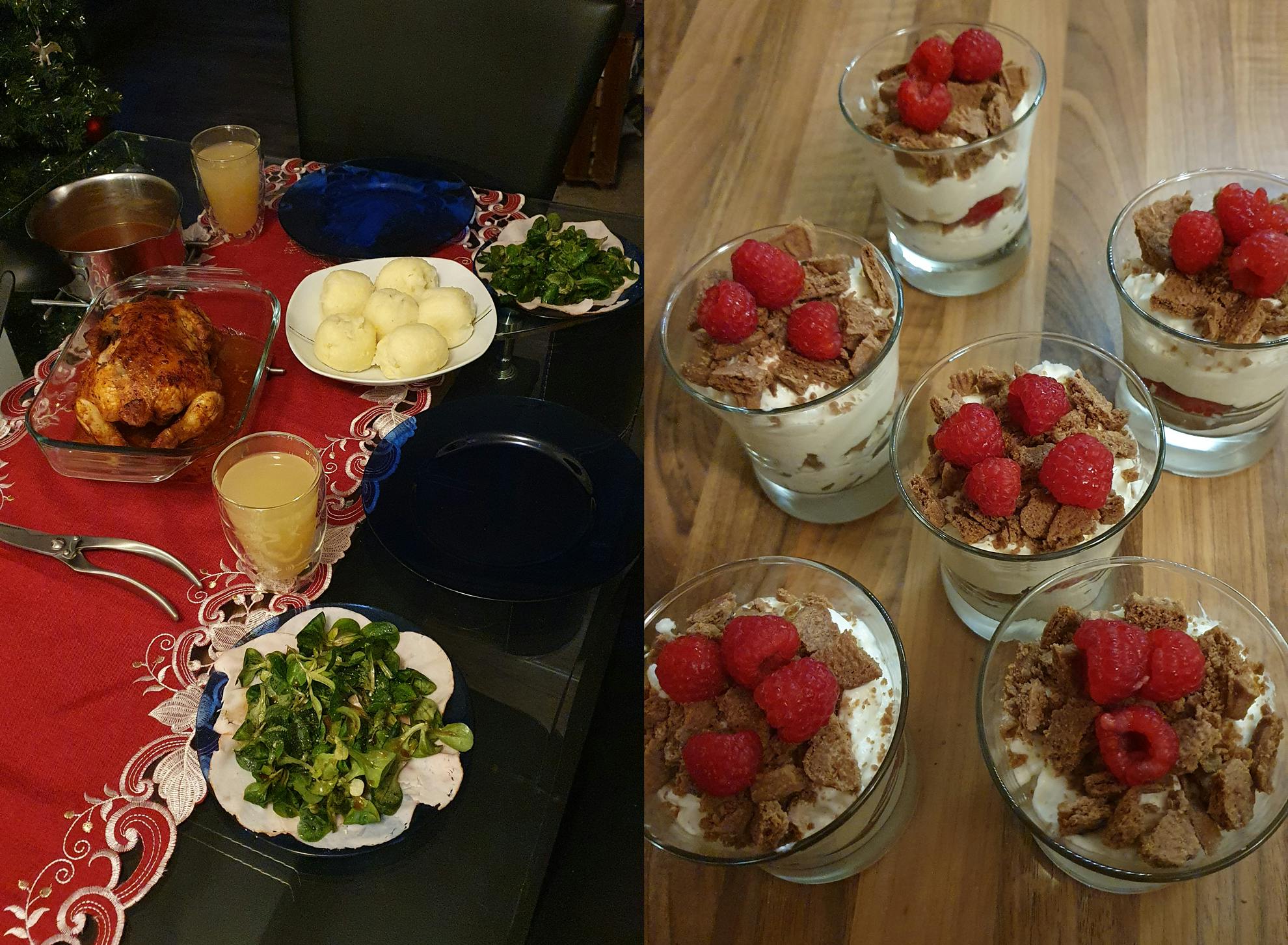 Collage aus 2 Bildern - Bild 1: Weihnachtsessen mit Vorspeise (Carpaccio), Hauptgang (Hühnchen mit Klößen und Soße) und 2 Gläsern Apfelsaft auf einem Glastisch mit einem weihnachtlich roten Tischläufer und verdammt unpassenden blauen Glastellern. Bild 2: 6 Gläser mit leckerem Nachtisch für die Weihnachtstage: weiße Mascarponecreme mit zerbröselten Spekulatiuskeksen und Himbeeren oben drauf.