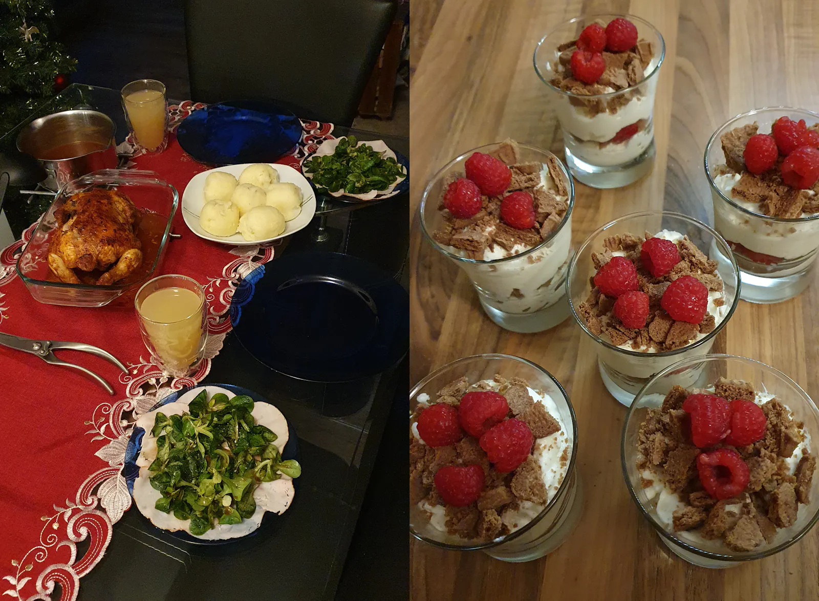 Collage aus 2 Bildern - Bild 1: Weihnachtsessen mit Vorspeise (Carpaccio), Hauptgang (Hühnchen mit Klößen und Soße) und 2 Gläsern Apfelsaft auf einem Glastisch mit einem weihnachtlich roten Tischläufer und verdammt unpassenden blauen Glastellern. Bild 2: 6 Gläser mit leckerem Nachtisch für die Weihnachtstage: weiße Mascarponecreme mit zerbröselten Spekulatiuskeksen und Himbeeren oben drauf.