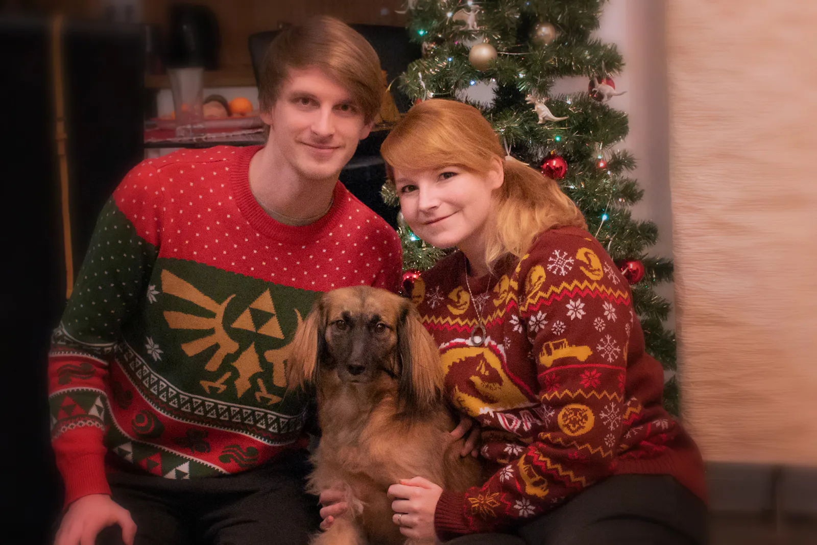 Rechts Stephie in einem Jurassic Park Weihnachtspullover, Links ihr Freund mit einem Zelda Weihnachtspullover und in der Mitte ihr Hund Kiara. Im Hintergrund sieht man den Weihnachtsbaum. Sie posieren für ein Familienfoto.