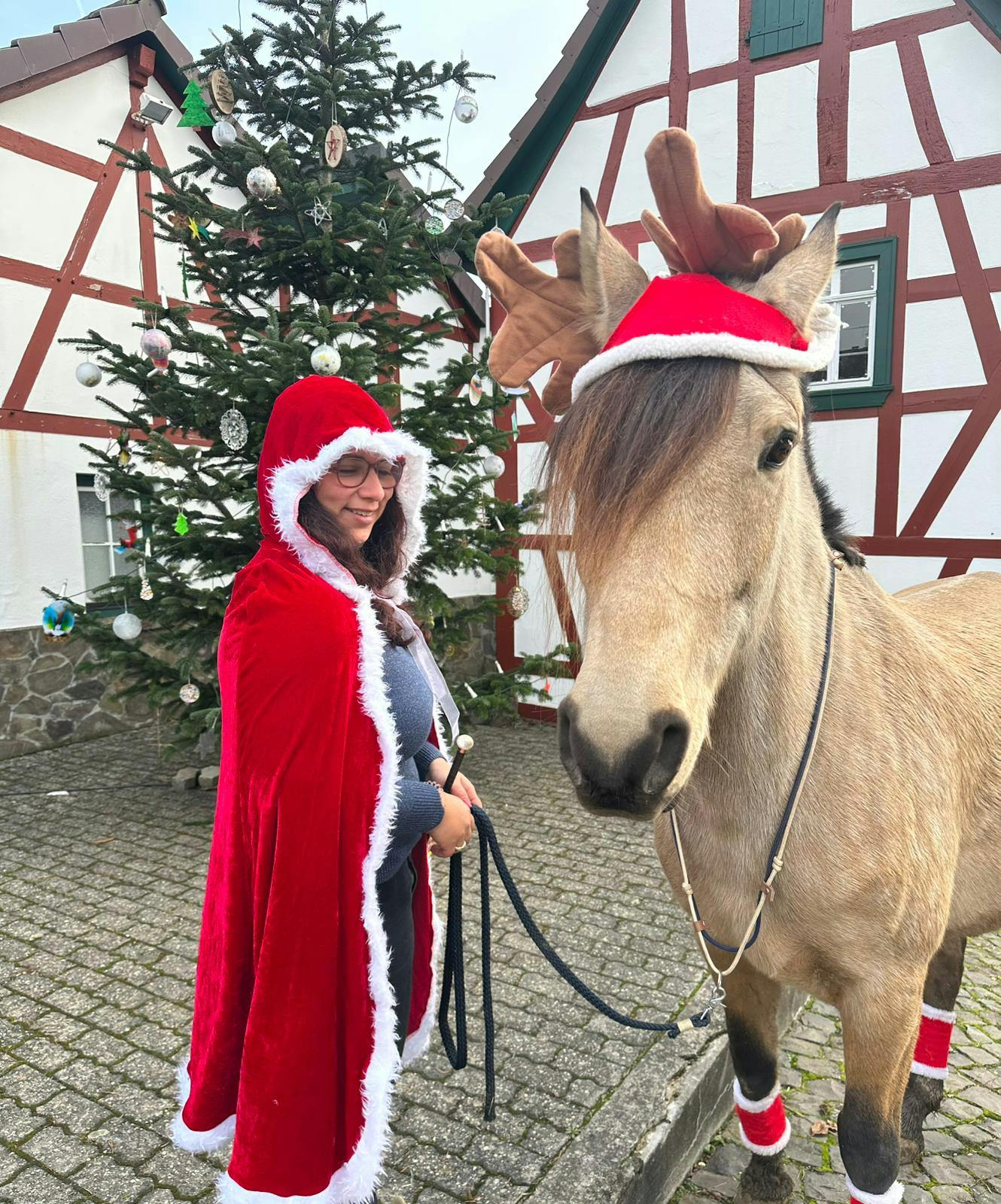 Aylin im Nikolausumhang mit ihrem Pferd, das ein Rentiergeweih trägt, vor einem Weihnachtsbaum.