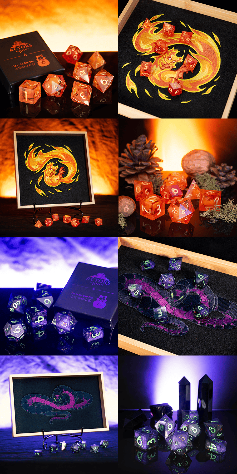 Mehrere Bilder von den Fridolin- und Verhüllte-Schlange-Würfel und Dice Trays.