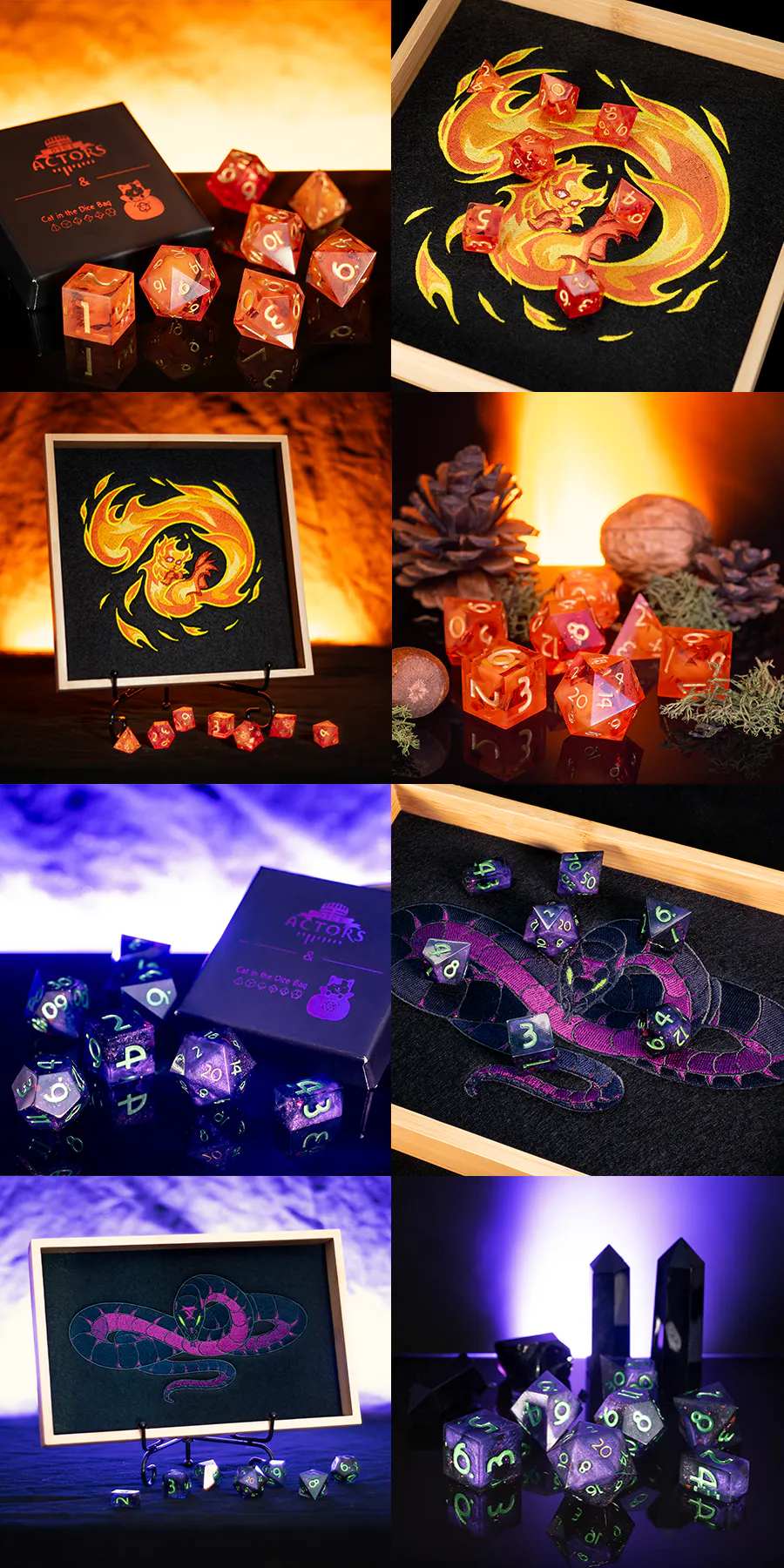 Mehrere Bilder von den Fridolin- und Verhüllte-Schlange-Würfel und Dice Trays.