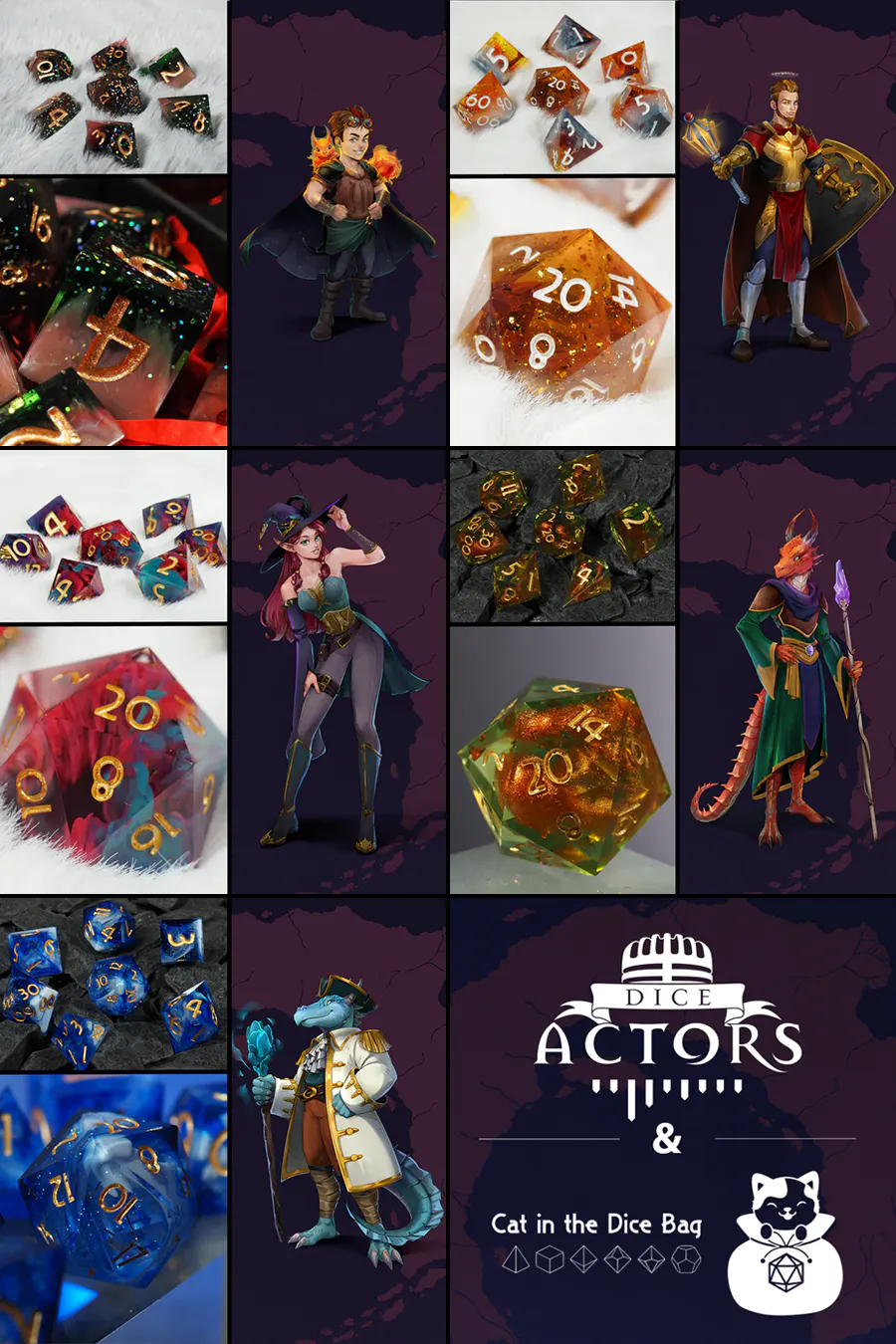 Die neuen Würfelsets der Helden. Jeweils mehrere Bilder der Würfel und daneben die Character Arts, die auch in dem kleinen Fenster der Spielrunden mit den Stats der Helden eingeblendet werden.