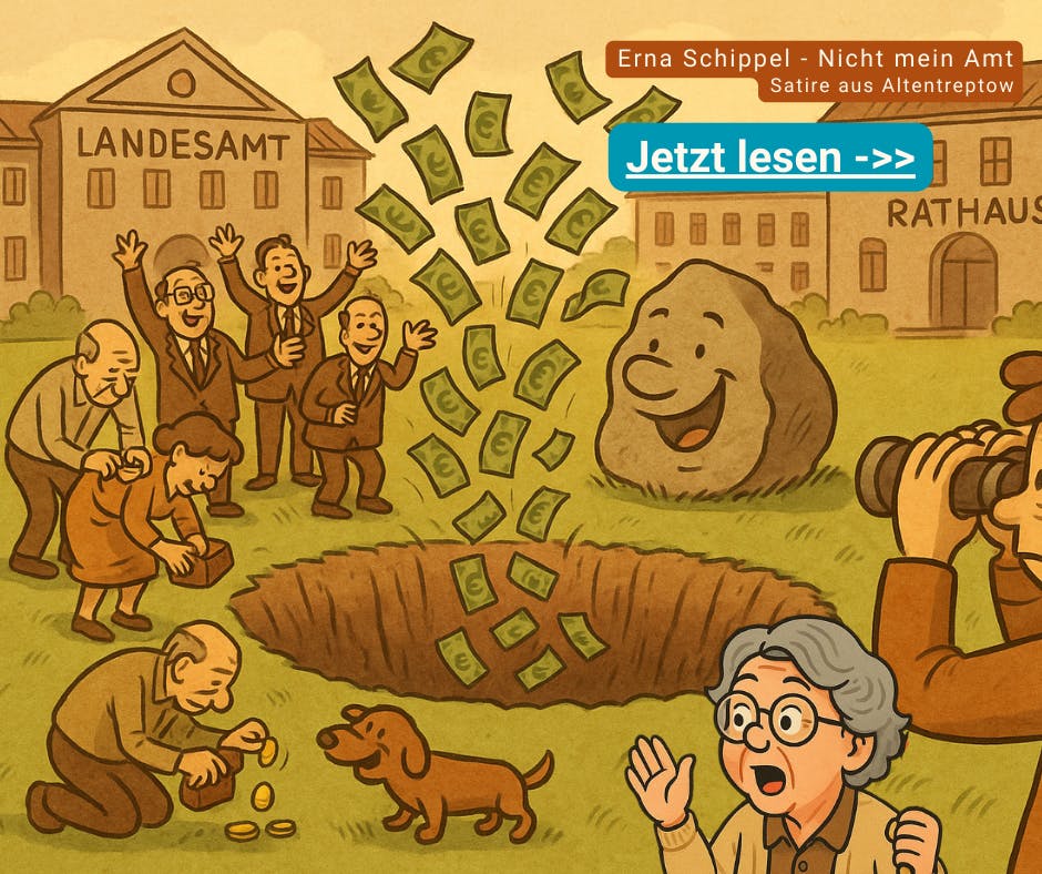Satirische Comic-Szene: Auf einer riesigen grünen Wiese klafft ein Loch, in das Geldscheine aus Rathaus und Landesamt fliegen – rund 1,2 Millionen Euro. Beamte jubeln, während Bürger ihre letzten Münzen hineinwerfen. Ein lachender Stein liegt daneben. Am Rand steht Erna Schippel mit Fernglas und beobachtet das Geschehen skeptisch.