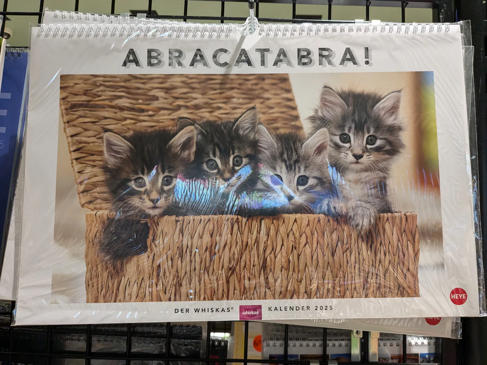 On a calendar for 2025, four tabby kittens are sitting in a wicker basket. The calendar features the heading "Abracatabra".