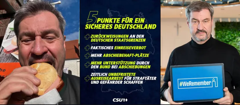 Screenshot von Markus Söders Instagram-Account. Drei Postkacheln sind sichtbar, auf der Linken beißt er in Nahaufnahme in einen Leberkässemmel, auf der Mittleren wirbt ein Sharepic für harten Kurs bei Migration und mehr Abschiebungen, auf dem Rechten hält er ein Ipad mit eingeblendetem Hashtag #weremember und einer dargestellten Kerze ins Bild. Alle Posts sind am selben Tag hochgeladen, dem 27.01.
