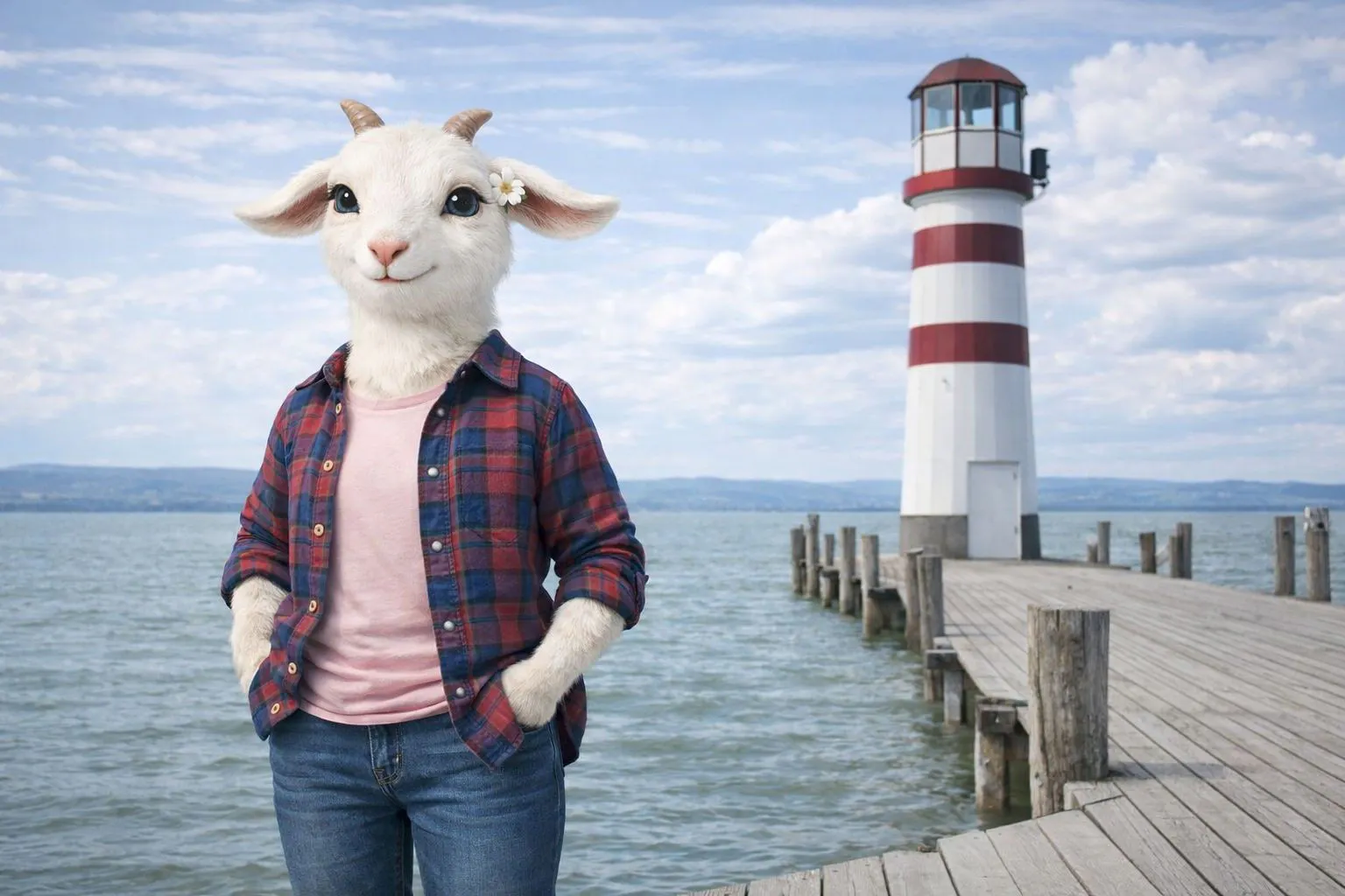 KI-generiertes Bild einer Ziege in Freizeitkleidung am Strand von Podersdorf.