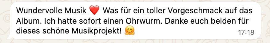 Feedback zu "Hidden Sunbeams": "Wundervolle Musik
Was für ein toller Vorgeschmack auf das Album. Ich hatte sofort einen Ohrwurm. Danke euch beiden für dieses schöne Musikprojekt!"