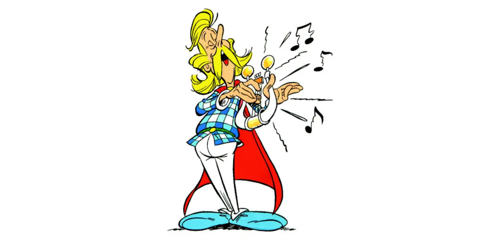 Der Barde Troubadix aus den Asterix-Comics klimpert auf seiner Harfe.